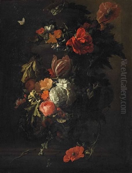 A Vase With Roses, Tulips, Anemones And Vine Leafs - view 1