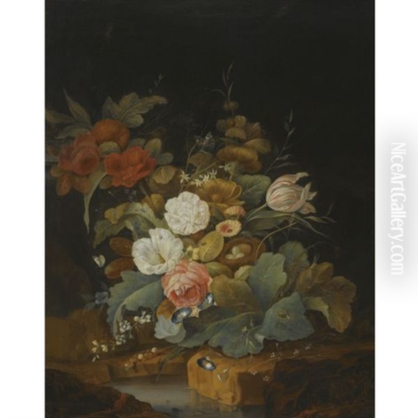 A Still Life With A Bird's Nest, Roses, Morning Glory, A Tulip And Other Flowers In A Forest Setting - view 1