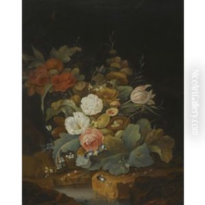 A Still Life With A Bird's Nest, Roses, Morning Glory, A Tulip And Other Flowers In A Forest Setting by Elias van den Broeck