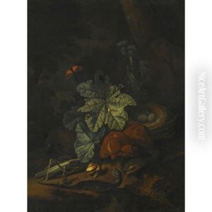 A Forest Floor Still Life With A Snake, A Snail, A Grasshopper, A Worm, A Lizard, A Bird's Nest And Toadstools