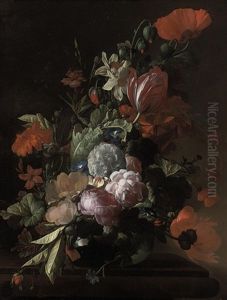Parrot Tulips, Poppies, Roses, Morning Glory, Narcissi And Other Flowers In A Glass Vase, With Acorns And A Snail On A Stone Ledge by Elias van den Broeck