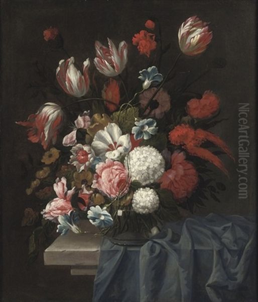 Tulips, Roses, Poppies And Other Flowers In A Glass Vase On A Stone Table - view 1