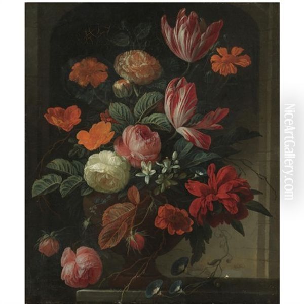 Still Life With Flowers In An Urn On A Stone Ledge - view 1