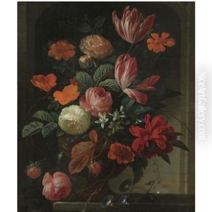 Still Life With Flowers In An Urn On A Stone Ledge by Elias van den Broeck