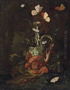 A Forest Floor Landscape With A Thistle, Funghi, Moths, A Lizard And Snakes by Elias van den Broeck