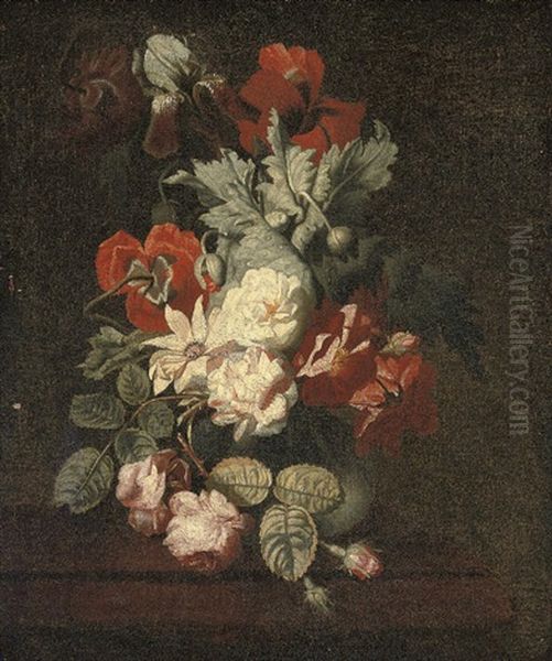 Roses, Poppies, An Iris And Other Flowers In A Vase On A Ledge - view 1