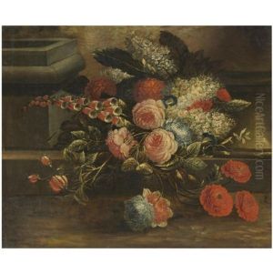 A Still Life With Various Flowers On A Step by Elias van den Broeck