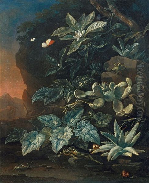 Abendliche Landschaft Mit Grossblattrigen Krautern, Orangenzweig Und Kakteen. Im Vordergrund Drei Eidechsen, Zwei Heuschrecken Und Zwei Schnecken - view 1
