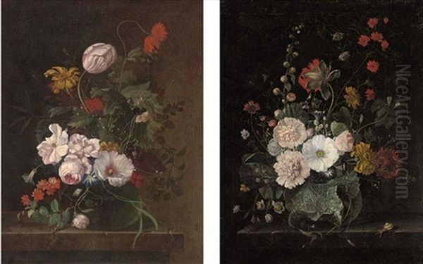 A Parrot Tulip, Roses, Narcissi, A Carnation And Other Flowers In A Glass Vase On A Ledge (+ A Clematis, Peonies, Morning Glory, Narcissi And Other Flowers In A Glass Vase On A Ledge; Pair) - view 1
