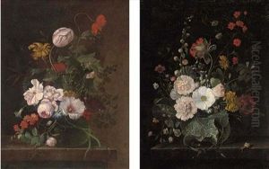 A Parrot Tulip, Roses, Narcissi, A Carnation And Other Flowers In A Glass Vase On A Ledge (+ A Clematis, Peonies, Morning Glory, Narcissi And Other Flowers In A Glass Vase On A Ledge; Pair) by Elias van den Broeck