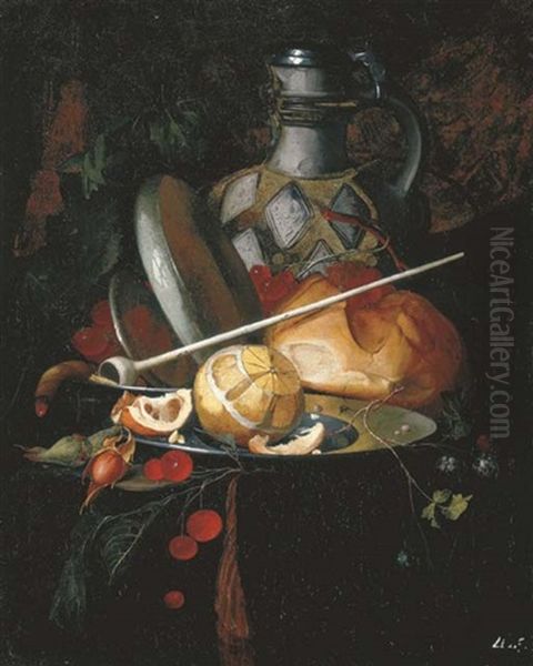 A Partly-peeled Orange On A Pewter Plate With Raspberries, Cherries, Grapes, A Loaf Of Bread, A Pipe And A Water Jug On A Table Ledge Under Damask Drapery - view 1