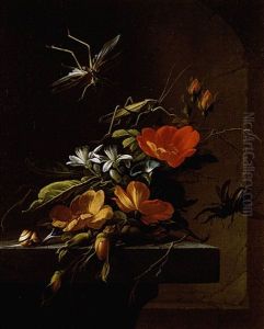 Still Life Of Austrian Briars Arranged Upon A Stone Plinth, With Stag Beetles
