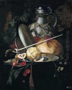 A Still Life Of A Peeled Lemon And Orange On A Pewter Plate, Cherries, Nuts, A Pipe, A Jug, Bread And Other Objects Resting On A Ledge by Elias van den Broeck
