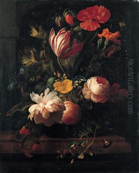 A Still Life Of Roses, Irises, Narcissi, Poppies And Various Other Flowers In A Vase On A Stone Ledge - view 1