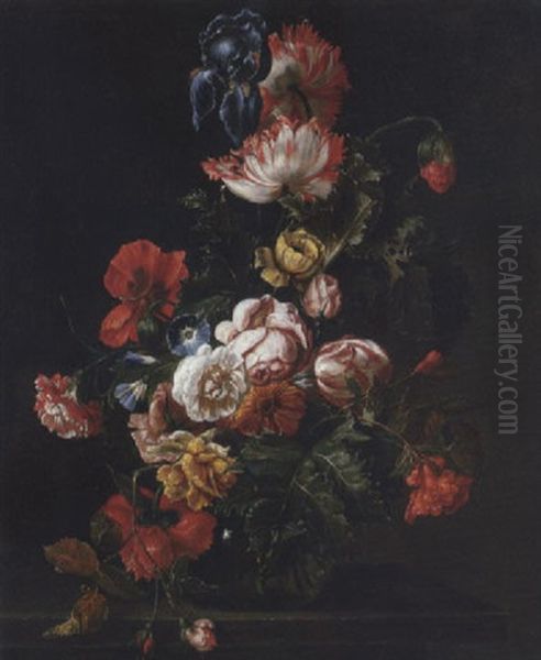 Tulips, Poppies, A Daffodil, An Iris, Roses And Other Flowers In A Glass Vase On A Ledge - view 1