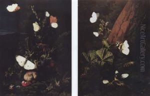 A Forest Floor Still Life With Butterflies And Snails, A Landscape Beyond; A Forest Floor Still Life With Butterflies And Lizards by Elias van den Broeck