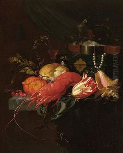 A Still Life Of A Lobster, A Conch Shell, A Tulip, Orange, Redcurrants, Bread And Other Objects Upon A Partly Draped Stone Ledge by Elias van den Broeck