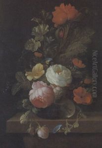 Blumenstrauss Von Rosen, Wicken, Schneerose Und Mohn In Einer Glasvase by Elias van den Broeck