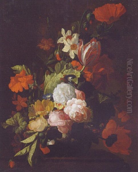 Tulips, Roses, Poppies And Narcissus In An Urn On A Ledge - view 1