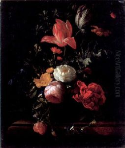 Pink And Red Roses, Parrot Tulips, Camellias And Other Flowers In A Vase On A Ledge