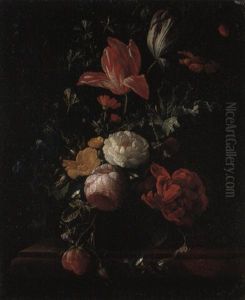 Pink And Red Roses And Other Flowers In A Vase On A Ledge by Elias van den Broeck