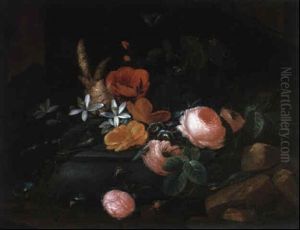 Blumenstilleben Mit Rosen, Wicken, Mohnblumen, Eidechsen Und Einem Schmetterling by Elias van den Broeck