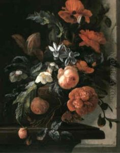 A Still Life With Assorted Flowers Including Poppies, Roses And Narcissi In A Terracotta Vase Upon A Stoneledge by Elias van den Broeck
