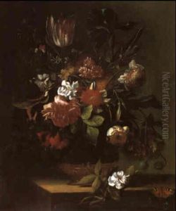 Ein Blumenstraus Von Pfingstrosen, Rosen, Tulpen, Schwertlilien Und Mohn by Elias van den Broeck