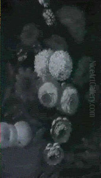 Roses, Carnations And Other Flowers In A Vase On A Draped Ledge With Peaches... - view 1