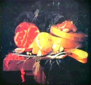 Natura Morta Con Melograno, Limone, Frutta Candita Su Una Scatola Rotonda Biscotto E Ribes Natura Morta Con Melograno, Limone, Frutta Candita Su Una Scatola Rotonda Biscotto E Ribes
