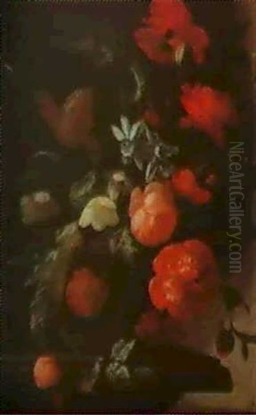 Still Life Of Roses, Tulips, Poppies And Other Flowers In Anurn Upon A Ledge Before A Stone Niche - view 1