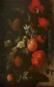 Still Life Of Roses, Tulips, Poppies And Other Flowers In Anurn Upon A Ledge Before A Stone Niche