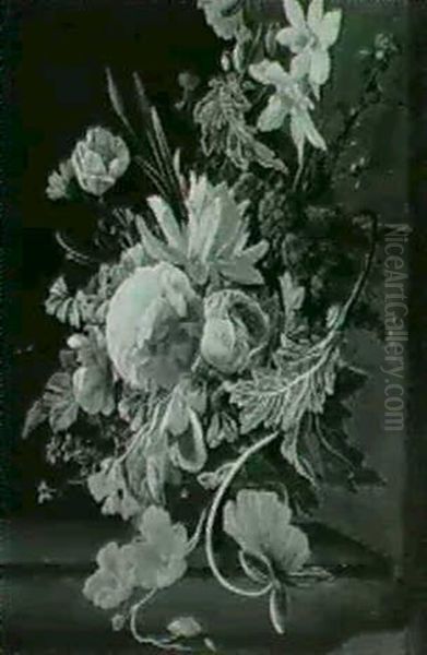A Still Life Of Flowers In A Glass Vase On A Stone Ledge - view 1