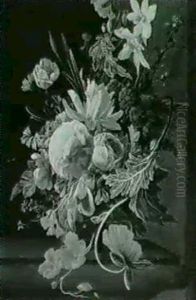 A Still Life Of Flowers In A Glass Vase On A Stone Ledge