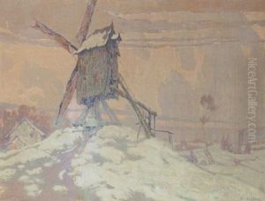 A Windmill In A Snowy Landscape by Pol Van De Broeck