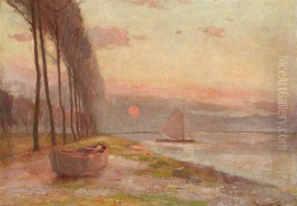 Chaloupe Par Maree Basse Au Coucher De Soleil - view 1
