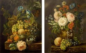 A Still Life With Grapes, Peaches, Roses And A Bird's Nest All On A Marble Ledge (pair) by Andre Broedelet