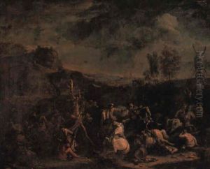 A Cavalry Skirmish In An Extensive Landscape With A Windmill Beyond by Jasper Broers