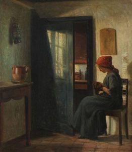 A Woman Sewing In The Doorway by Karl Harald Alfred Broge