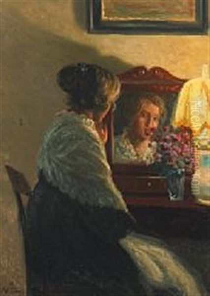 Interior With A Woman Looking In A Mirror - view 1