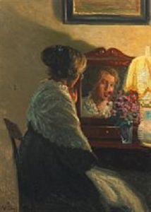Interior With A Woman Looking In A Mirror by Karl Harald Alfred Broge