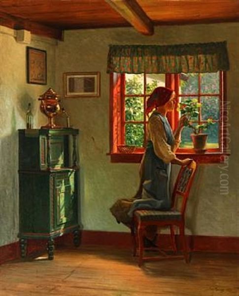 Country Interior With A Girl Who Smells A Flower - view 1