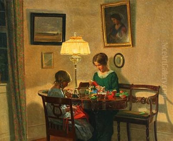 Mother And Daughter Making Christmas Decorations - view 1