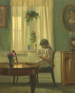 Interior With Young Girl By Window by Karl Harald Alfred Broge