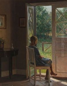 Interior With A Girl, Looking Out Into The Garden by Karl Harald Alfred Broge