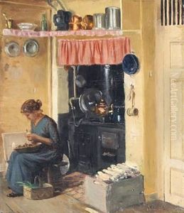 Kitchen Interior With A Woman Peeling Potatos by Karl Harald Alfred Broge