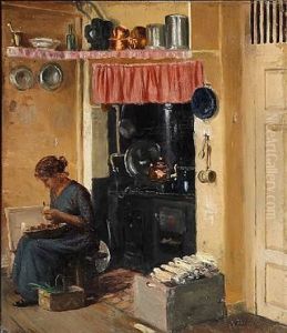 Kitchen Interior With A Woman by Karl Harald Alfred Broge