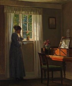 Woman Reading A Letter In A Sunny Living Room by Karl Harald Alfred Broge