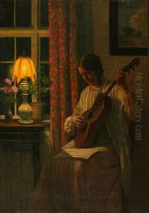 Drawing Room Interior With A Woman Playing Guitar by Karl Harald Alfred Broge