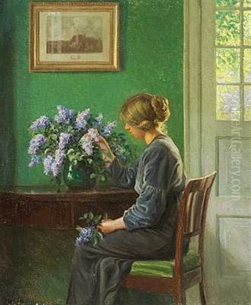 Interior Med En Ung Pige Der Arrangerer Syrener I En Vase - view 1